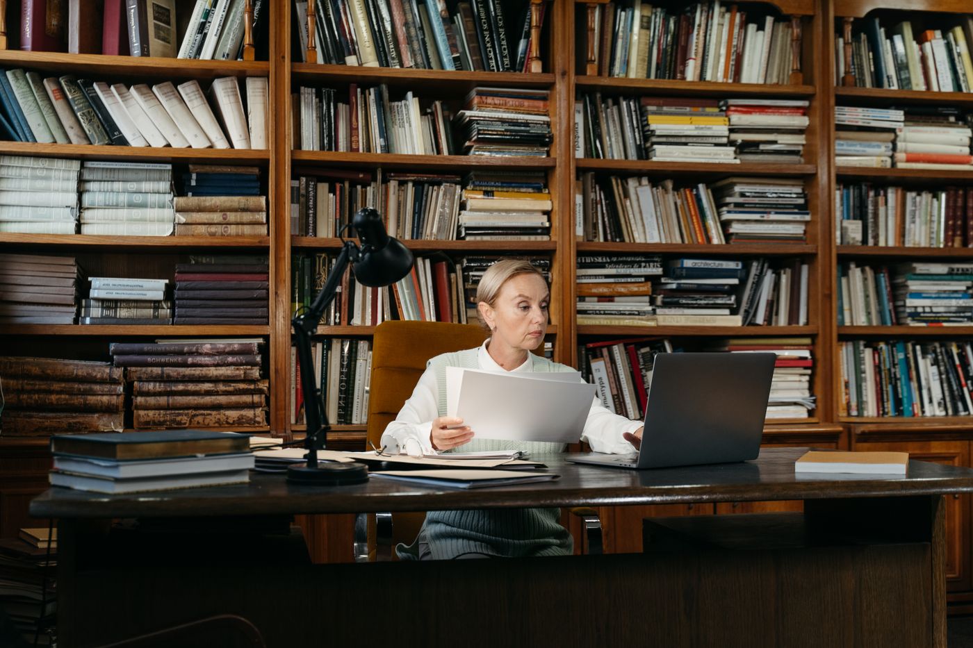 A student working independently in a library